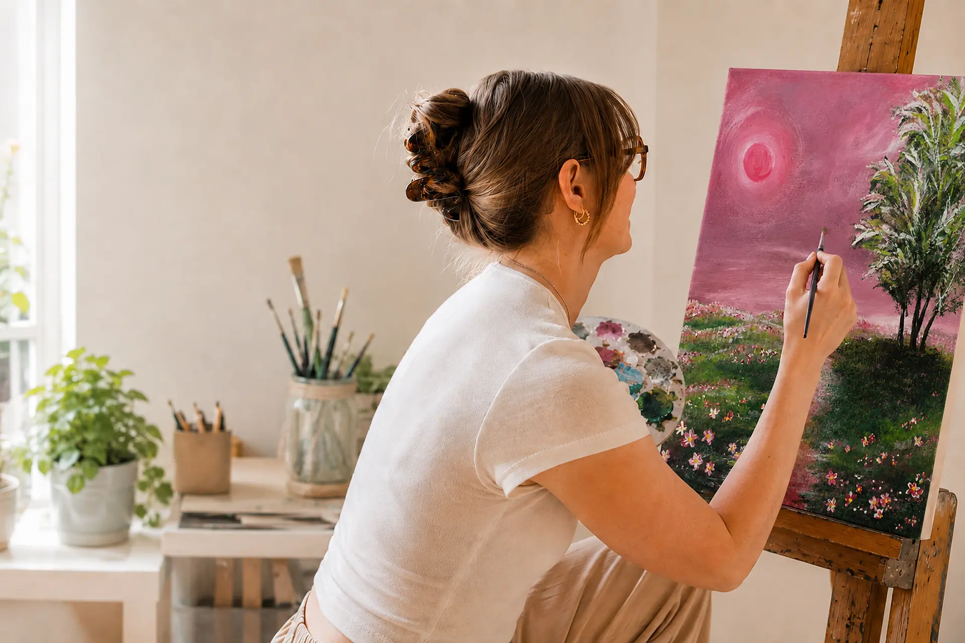 Selina malt ein Landschaftsgemälde im Atelier
