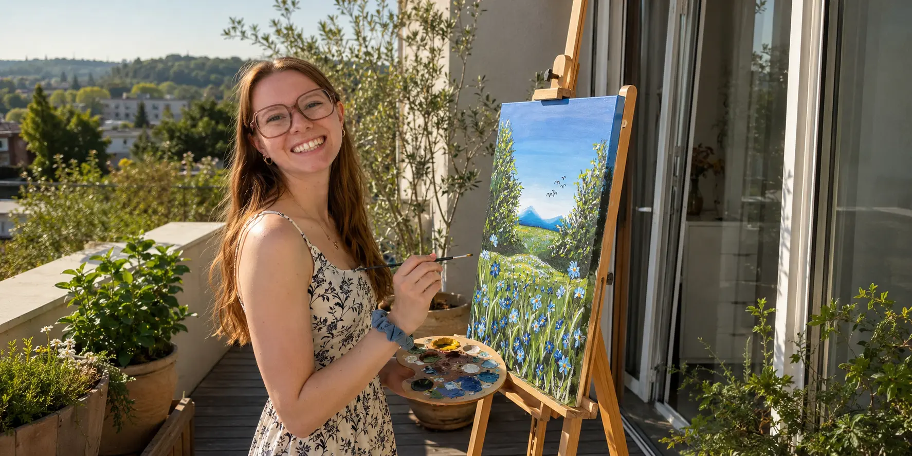 Selina malt eine Landschaft auf dem Balkon